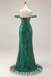 Off the Shoulder Sequined Dark Green Beaded Corset Mermaid Long Prom Dress
