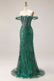 Off the Shoulder Sequined Dark Green Beaded Corset Mermaid Long Prom Dress