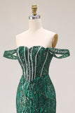 Off the Shoulder Sequined Dark Green Beaded Corset Mermaid Long Prom Dress