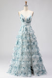 Blue Floral Tiered Spaghetti Straps Prom Dress