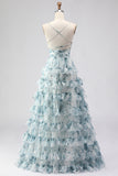 Blue Floral Tiered Spaghetti Straps Prom Dress