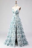 Blue Floral Tiered Spaghetti Straps Prom Dress