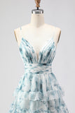 Blue Floral Tiered Spaghetti Straps Prom Dress