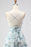 Blue Floral Tiered Spaghetti Straps Prom Dress