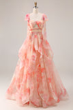 A Line Sunset Keyhole Long Prom Dress With Ruffles