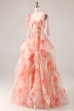 A Line Sunset Keyhole Long Prom Dress With Ruffles