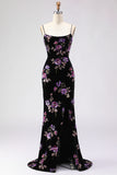 Black Floral Spaghetti Straps Mermaid Prom Dress