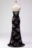 Black Floral Spaghetti Straps Mermaid Prom Dress