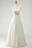 Simple White and Yellow Floral A-Line Long Prom Dress