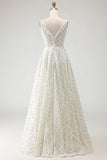 Simple White and Yellow Floral A-Line Long Prom Dress