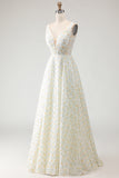 Simple White and Yellow Floral A-Line Long Prom Dress