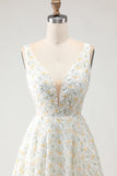 Simple White and Yellow Floral A-Line Long Prom Dress