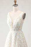 Simple White and Yellow Floral A-Line Long Prom Dress
