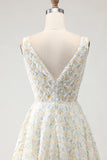 Simple White and Yellow Floral A-Line Long Prom Dress