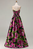 Black Floral A Line Strapless Corset Prom Dress