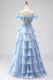 Light Blue Off the Shoulder Tiered Corset Prom Dress