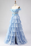 Light Blue Off the Shoulder Tiered Corset Prom Dress