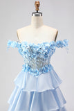 Light Blue Off the Shoulder Tiered Corset Prom Dress