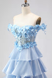 Light Blue Off the Shoulder Tiered Corset Prom Dress