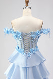 Light Blue Off the Shoulder Tiered Corset Prom Dress