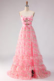 Strapless Pink Flower Keyhole Tiered Ruffle Long Prom Dress With Slit