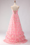 Strapless Pink Flower Keyhole Tiered Ruffle Long Prom Dress With Slit