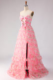 Strapless Pink Flower Keyhole Tiered Ruffle Long Prom Dress With Slit