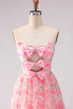 Strapless Pink Flower Keyhole Tiered Ruffle Long Prom Dress With Slit