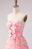 Strapless Pink Flower Keyhole Tiered Ruffle Long Prom Dress With Slit