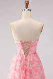 Strapless Pink Flower Keyhole Tiered Ruffle Long Prom Dress With Slit