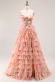 Floral Sunset Tiered Ruffle A Line Bow Long Prom Dress With Slit