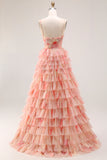 Floral Sunset Tiered Ruffle A Line Bow Long Prom Dress With Slit