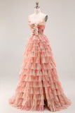 Floral Sunset Tiered Ruffle A Line Bow Long Prom Dress With Slit