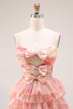 Floral Sunset Tiered Ruffle A Line Bow Long Prom Dress With Slit
