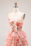 Floral Sunset Tiered Ruffle A Line Bow Long Prom Dress With Slit