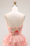 Floral Sunset Tiered Ruffle A Line Bow Long Prom Dress With Slit