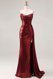 Metallic Burgundy Strapless Ruched Mermaid Long Prom Dress with Slit