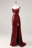 Metallic Burgundy Strapless Ruched Mermaid Long Prom Dress with Slit