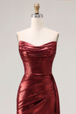 Metallic Burgundy Strapless Ruched Mermaid Long Prom Dress with Slit