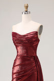Metallic Burgundy Strapless Ruched Mermaid Long Prom Dress with Slit