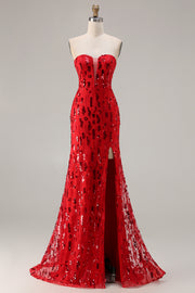 Sparkly Red Strapless Mermaid Prom Dress
