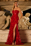 Strapless Sequin Red Mermaid Long Prom Dress With Slit