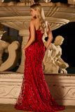Strapless Sequin Red Mermaid Long Prom Dress With Slit