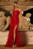 Strapless Sequin Red Mermaid Long Prom Dress With Slit