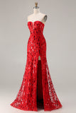 Sparkly Red Strapless Mermaid Prom Dress
