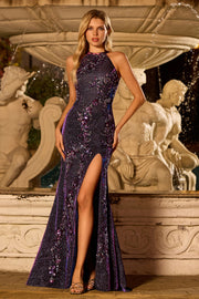 Grape Sequin Halter Mermaid Appliqued Long Prom Dress With Slit