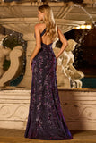 Grape Sequin Halter Mermaid Appliqued Long Prom Dress With Slit
