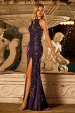 Grape Sequin Halter Mermaid Appliqued Long Prom Dress With Slit