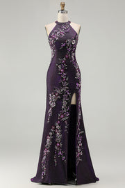 Halter Mermaid Appliqued Sequin Navy Prom Dress