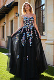 Black Appliqued A Line Spaghetti Straps Tulle Prom Dress